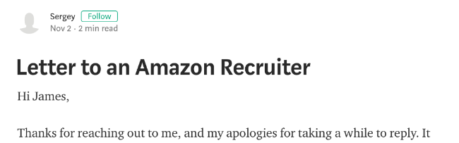 Screenshot of a Medium post titled 'Letter to an Amazon Recruiter'