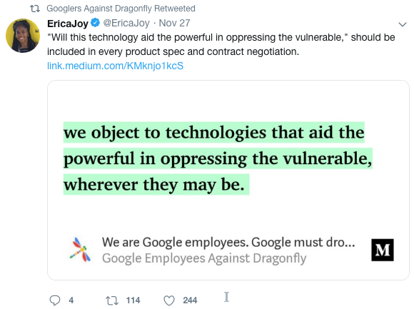 Screenshot of a tweet from Erica Joy Baker, linking to a Medium post by Google employees protesting Dragonfly