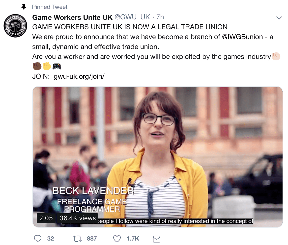 Screenshot of a tweet from Game Workers Unite UK