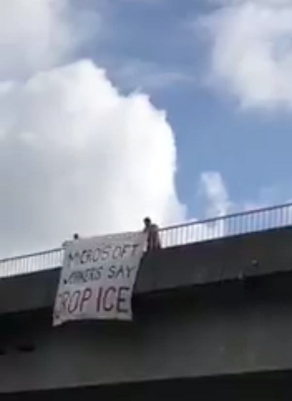 MICROSOFT WORKERS SAY DROP ICE banners yesterday at every exit for Microsoft in Seattle  (Image from @SeattleDSA)
