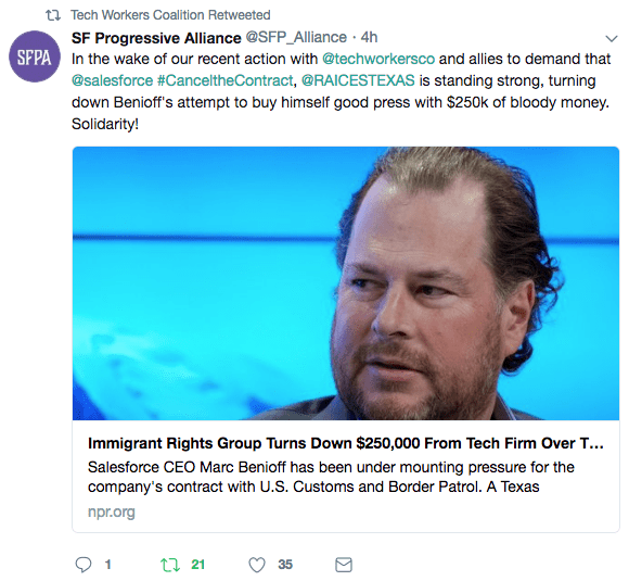 Screenshot of a tweet from the SF Progressive Alliance about RAICES turning down money from Salesforce