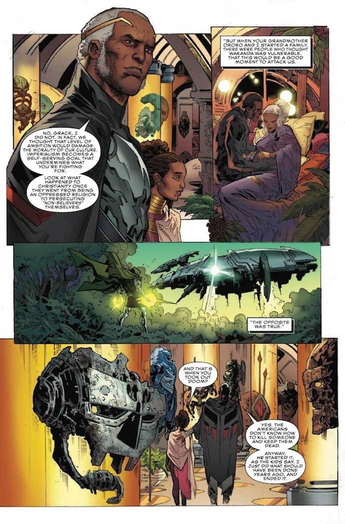 A page from Reggie Hudlin's Black Panther, where T'Challa talks with his granddaughter