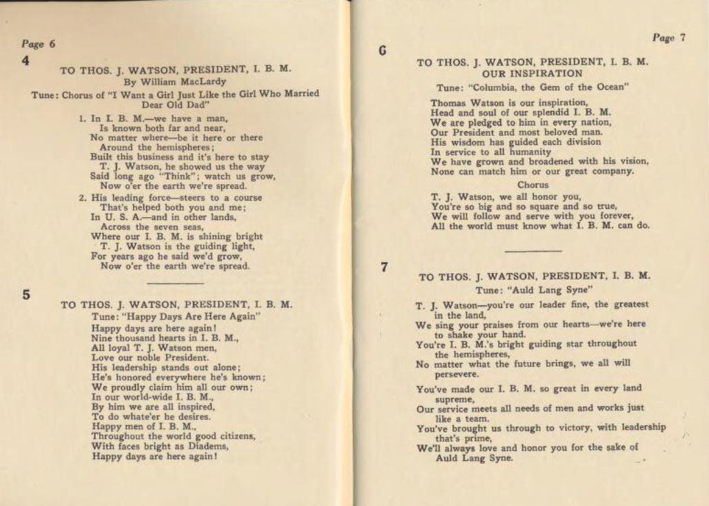 Pages 6 and 7 of the IBM songbook, featuring the lyrics of several short songs dedicated to 'Thos. J. Watson, President, I.B.M.', to the tune of 'Auld Lang Syne' and more.