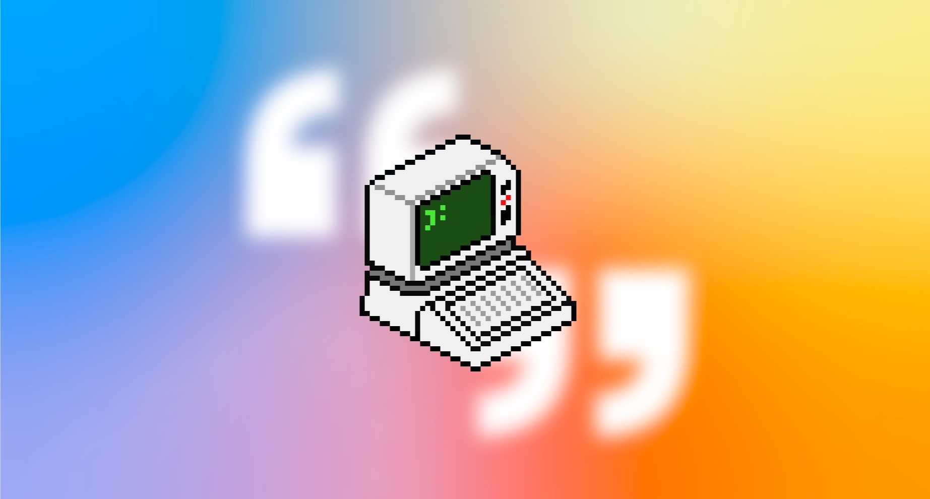 A classic computer icon surrounded by quote marks