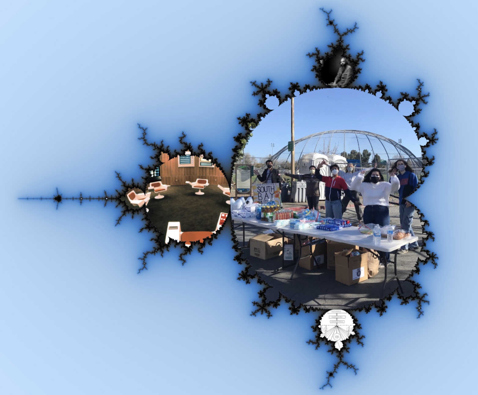 A fractal photo collage of cybernetics and socialized systems, featuring volunteers in South Bay Mutual Aid