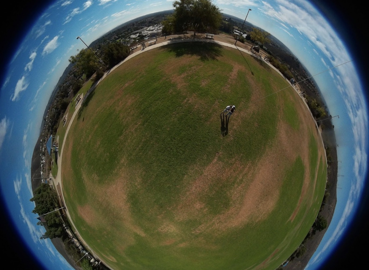 A fisheye lense photo of a large grassy sphere with two people standing