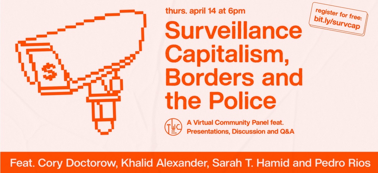 An event banner with a surveillance camera, the names of panelists, and details